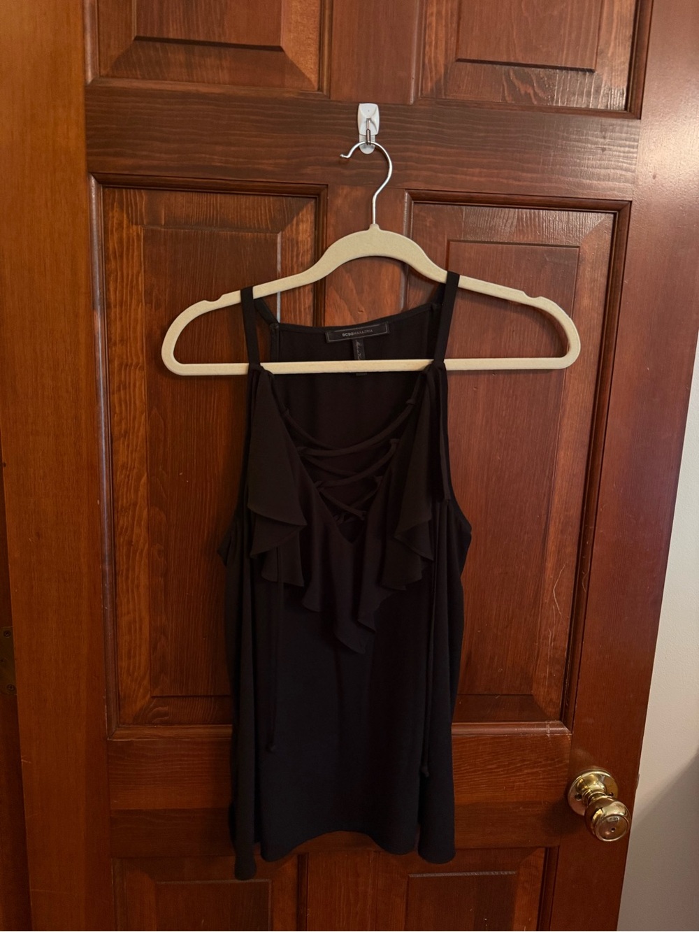 BCBGMaxAzria Black Ruffle Lace-Up Sleeveless Mini Dress